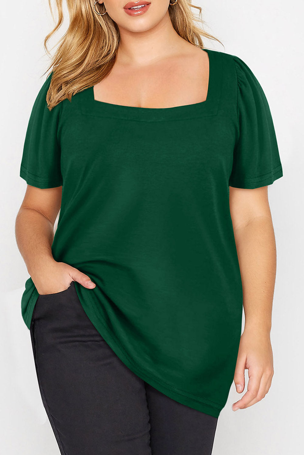 Plus Size Square Neck Ruched Shoulder Short Sleeve Top