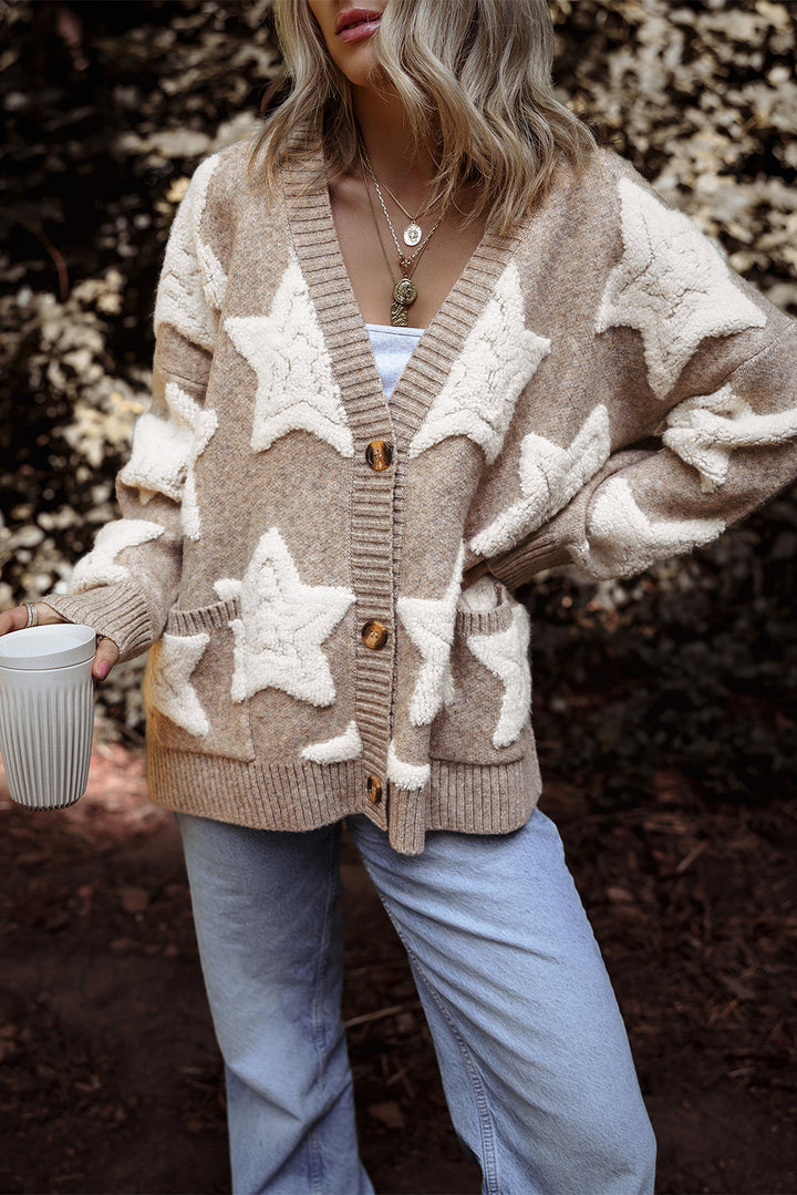 Sherpa Star Pattern Textured Sweater Cardigan with Pockets