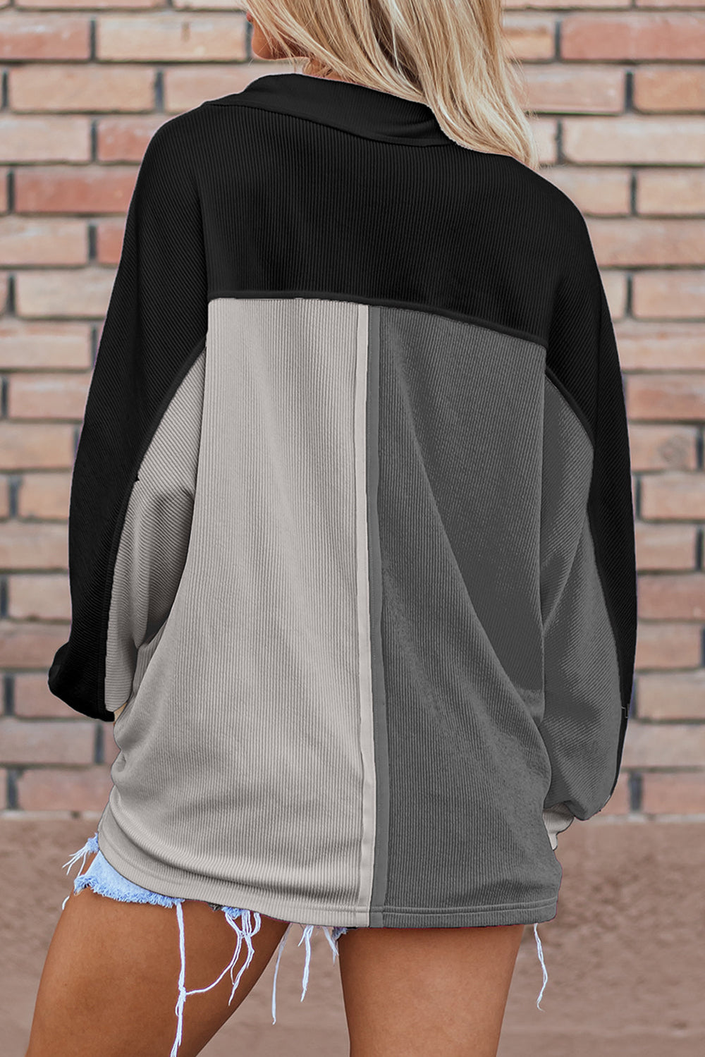 Colorblock Ribbed Collared Oversized Sweatshirt