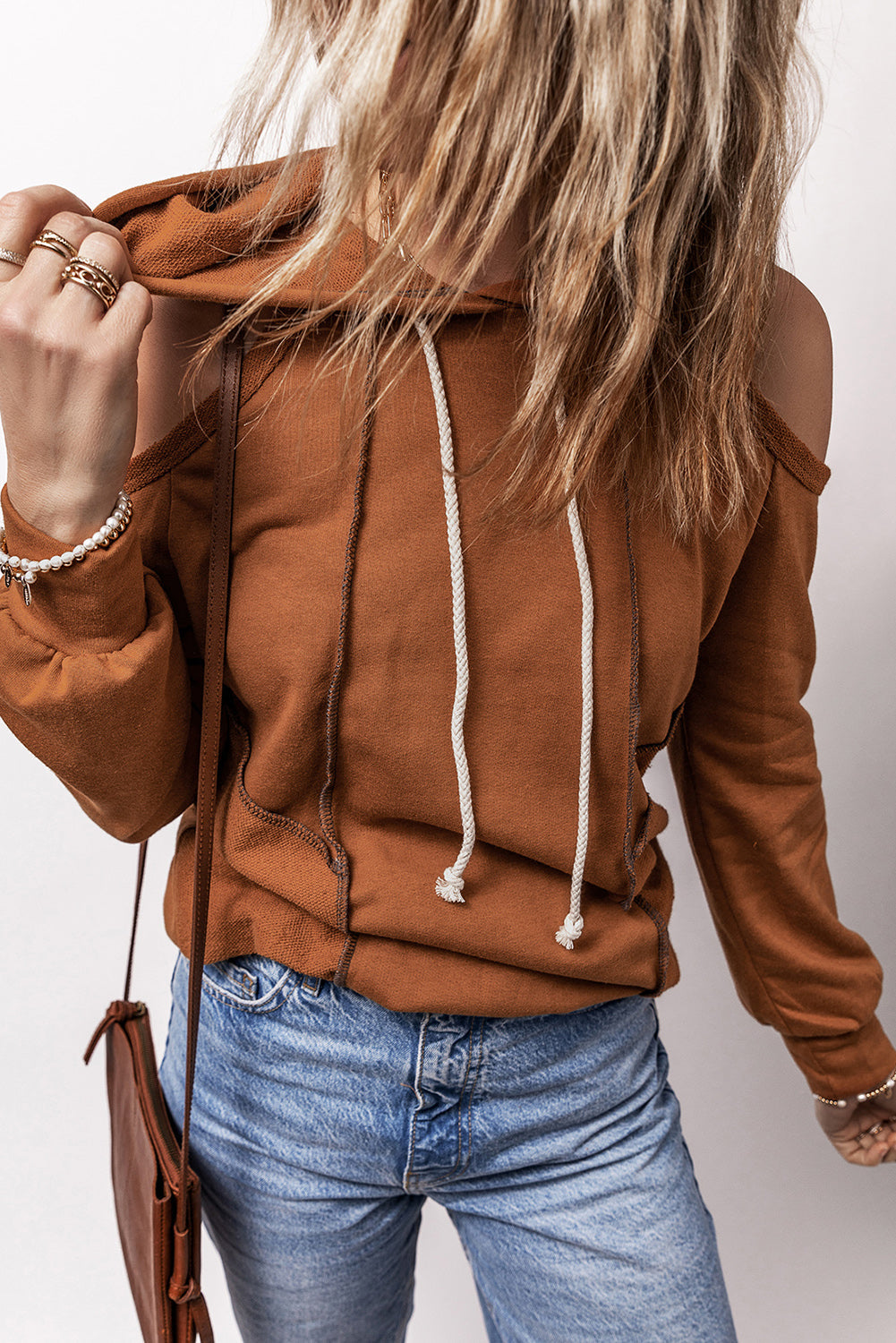 Exposed Seam Cold Shoulder Drawstring Hoodie