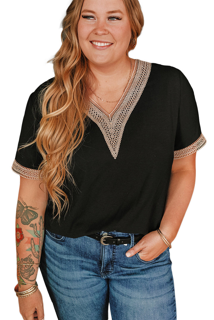 Lace Trim Short Sleeve V Neck Plus Size Top