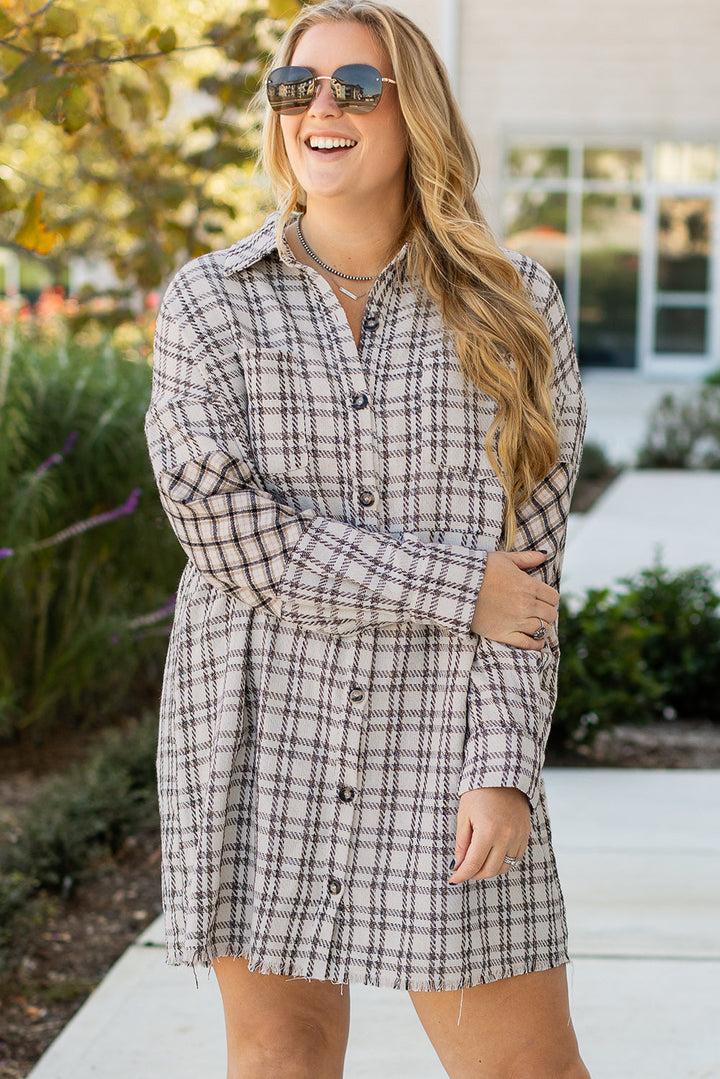 Plus Size Plaid Buttoned Raw Hem Tunic Shirt Dress