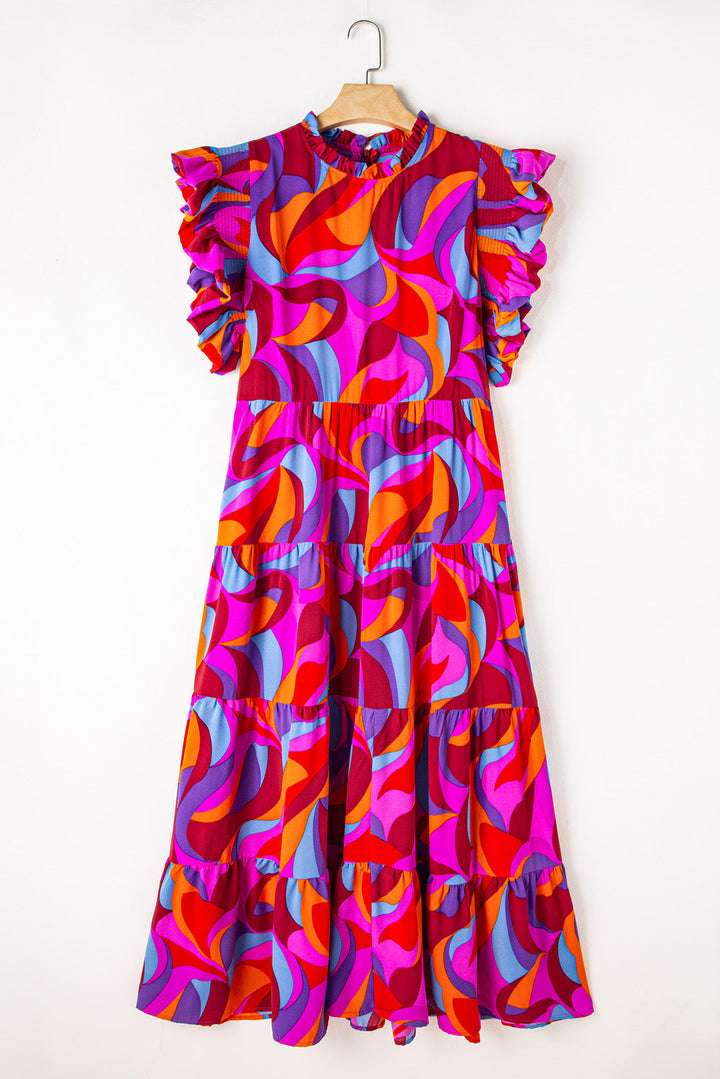 Plus Abstract Print Ruffled Mock Neck Tiered Maxi Dress