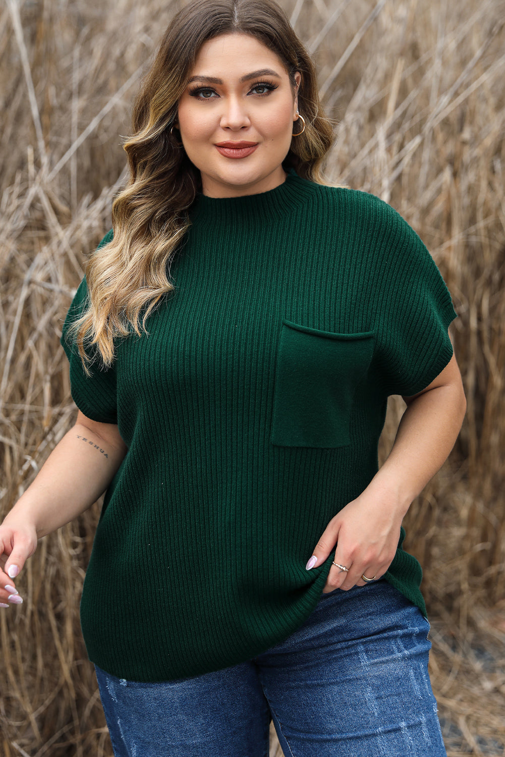 Plus Size Mock Neck Chest Pocket Short Sleeve Sweater