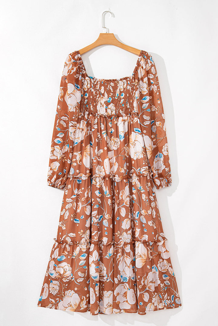 Floral Print Shirred Square Neck High Waist Maxi Dress