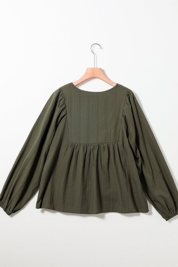 Embroidered Split Neck Pleated Loose Blouse