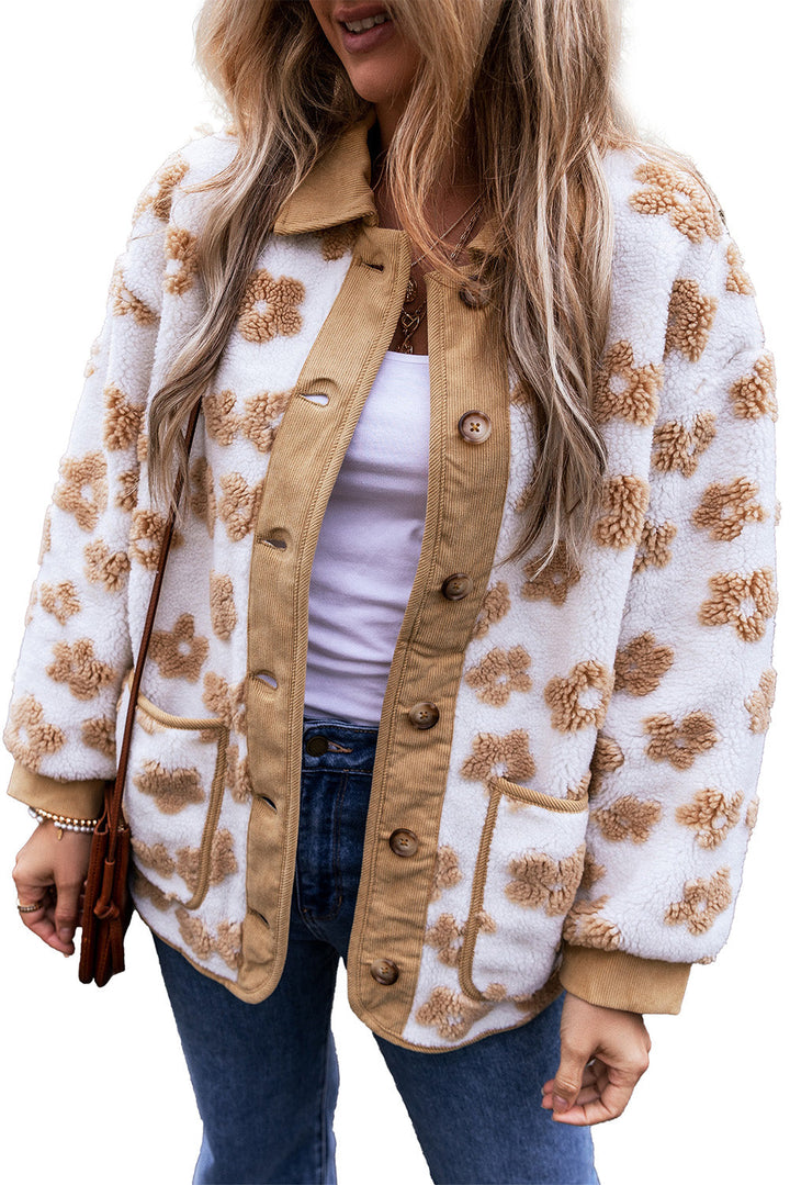 Cute Flower Pattern Button Up Fleece Jacket