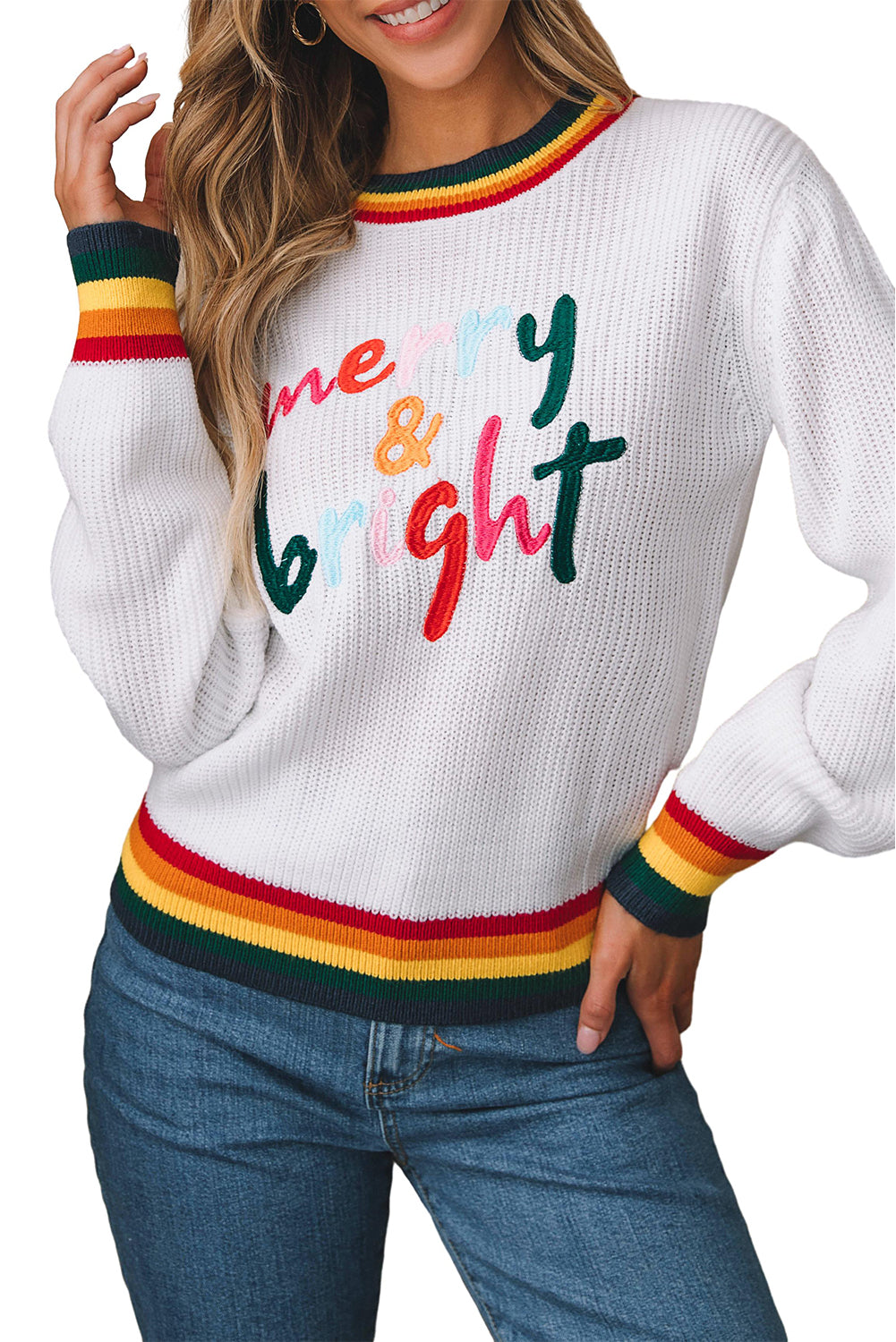 Merry & Bright Colorful Stripes Trim Sweater