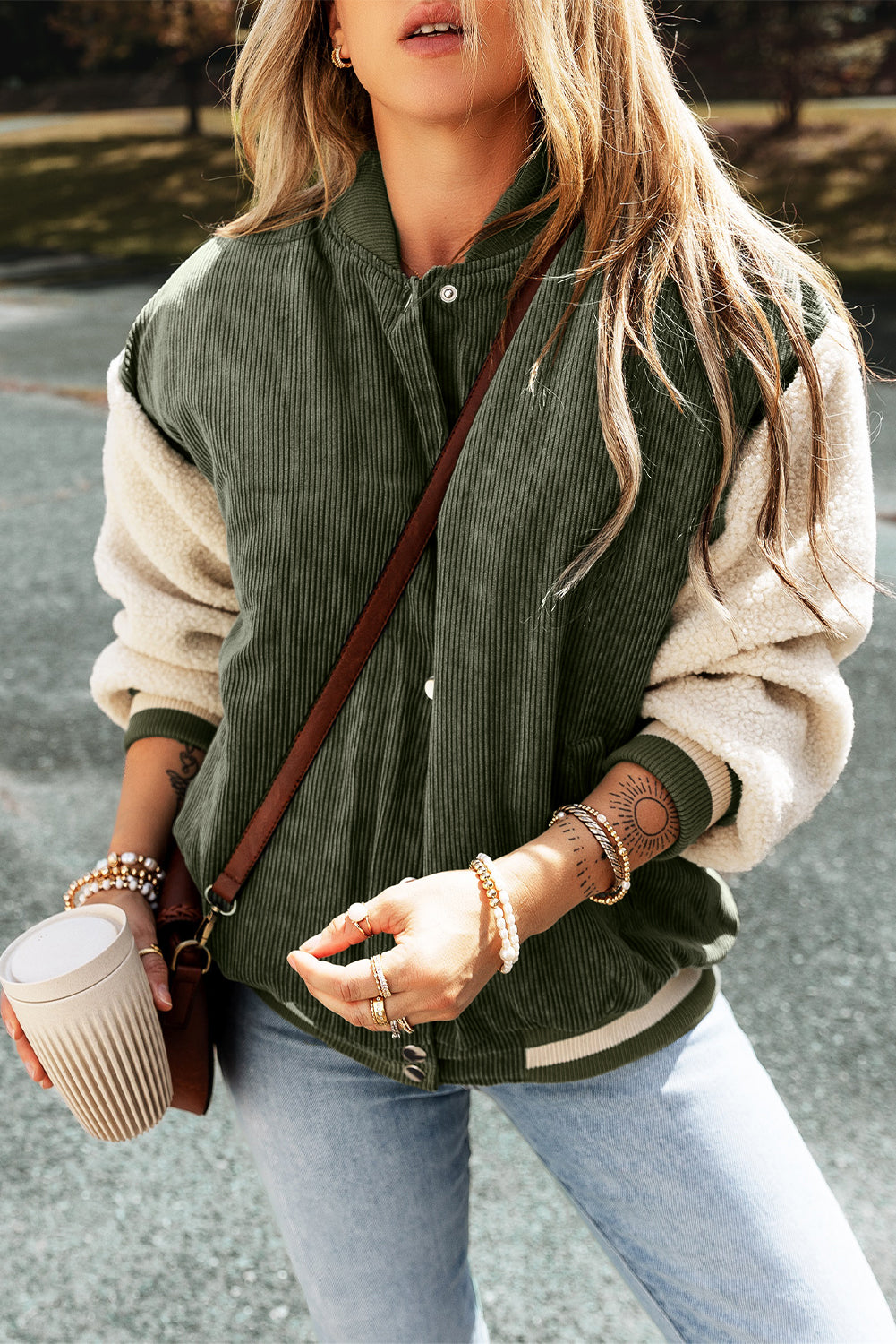 Corduroy Fleece Patchwork Buttoned Bomber Jacket