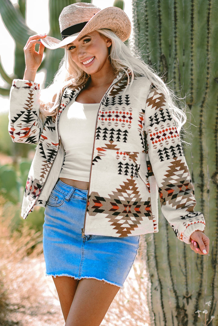 Aztec Printed Stand Neck Zip Up Jacket