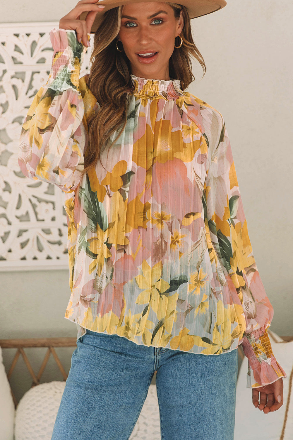 Floral Print Flounce Sleeve Mock Neck Blouse