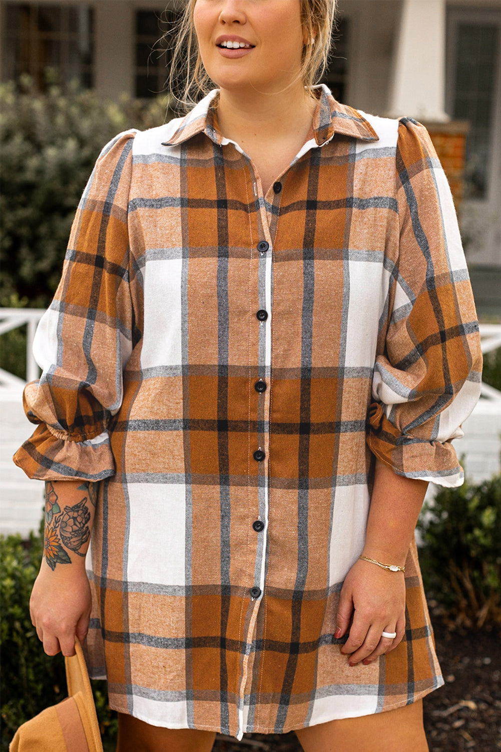 Plus Size Plaid Flounce Sleeve Button up Shirt Dress