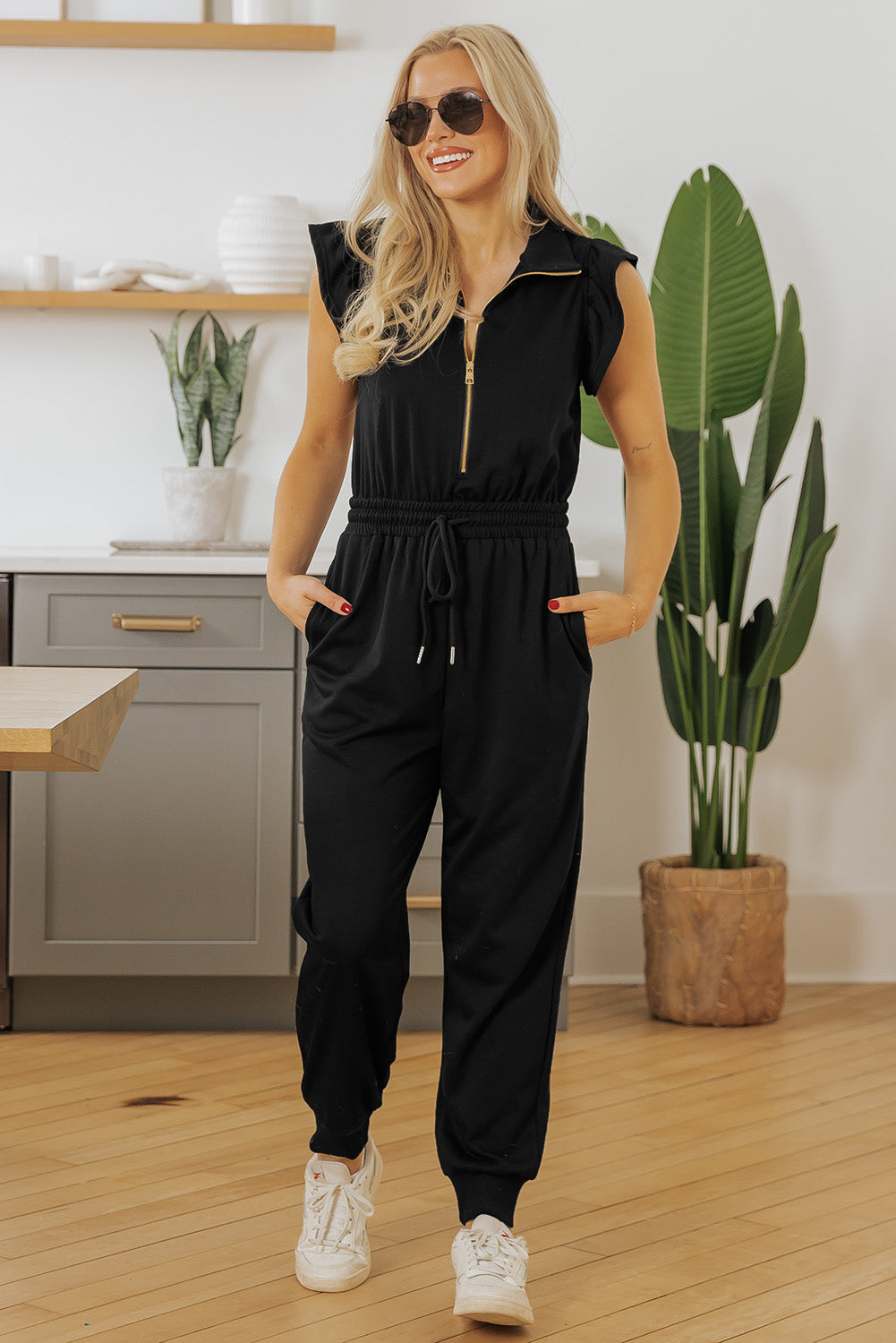 Zipper Flutter Sleeve Drawstring High Waist Jumpsuit