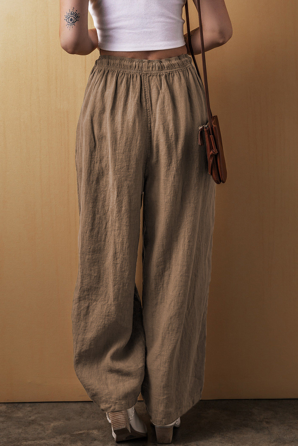 Cotton Linen Drawstring Waist Wide Leg Pants