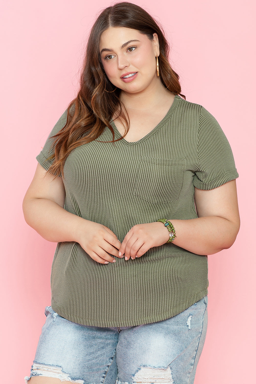 Plus Size Corded V Neck Patch Pocket Tee