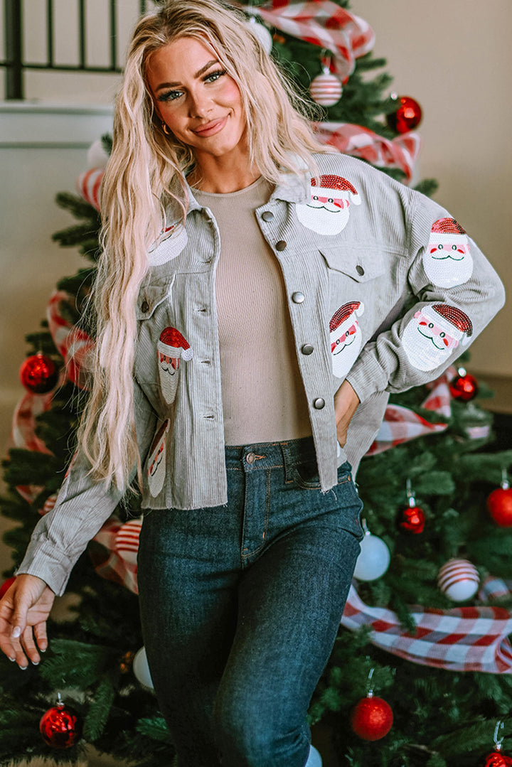 Sequined Santa Claus Flap Pocket Corduroy Jacket