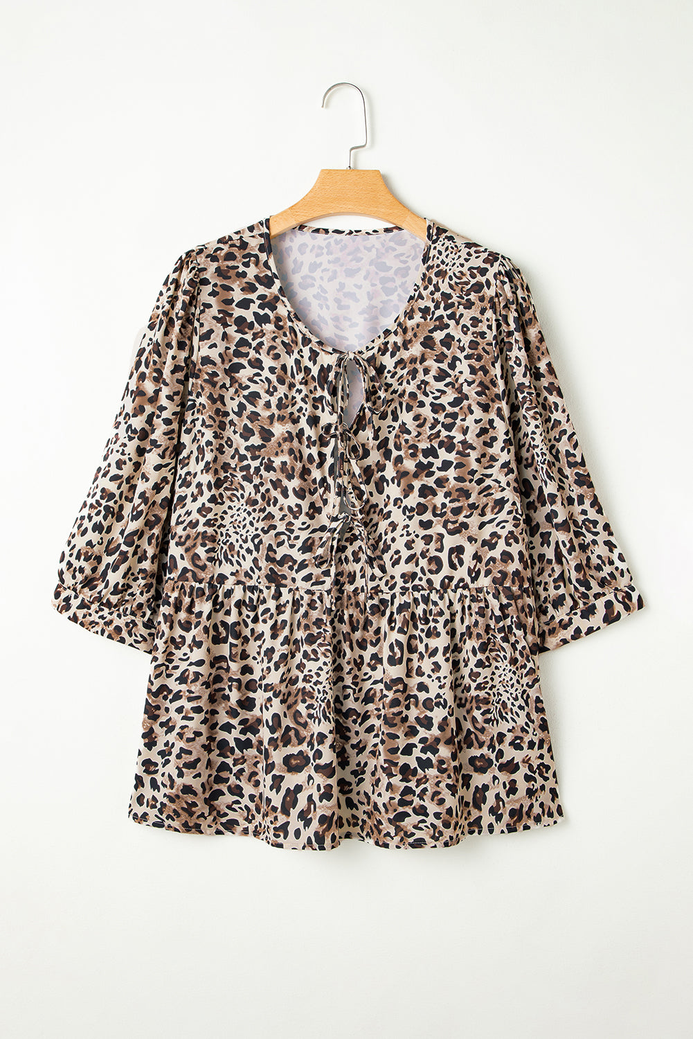 Leopard Print Lace-up Ruffled 3/4 Sleeve Plus Size Blouse