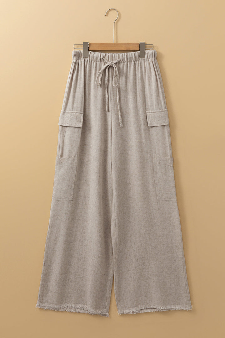 Boho Linen Drawstring Waist Raw Edge Cargo Loose Pants