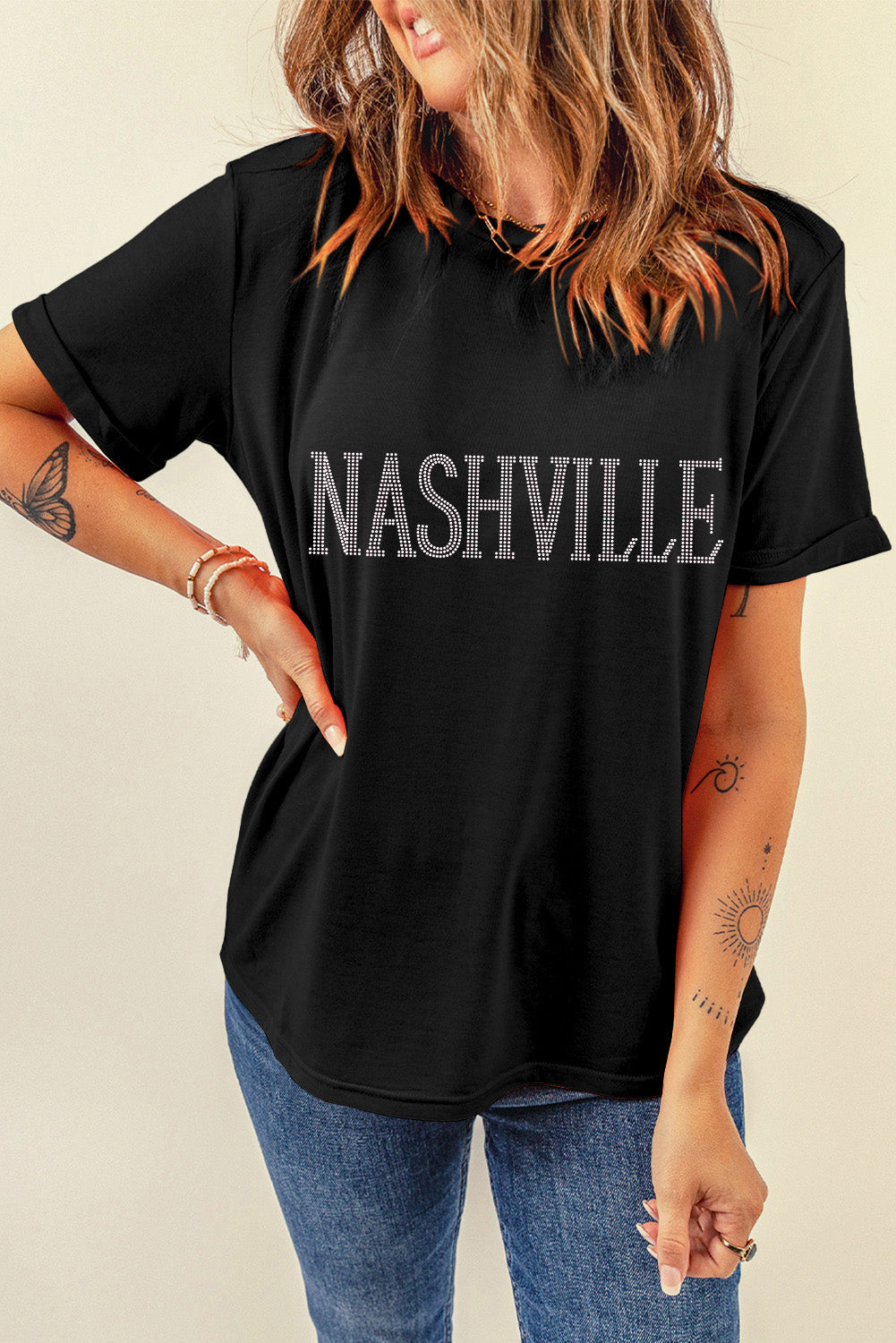 Rhinestone NASHVILLE Graphic Crewneck T Shirt