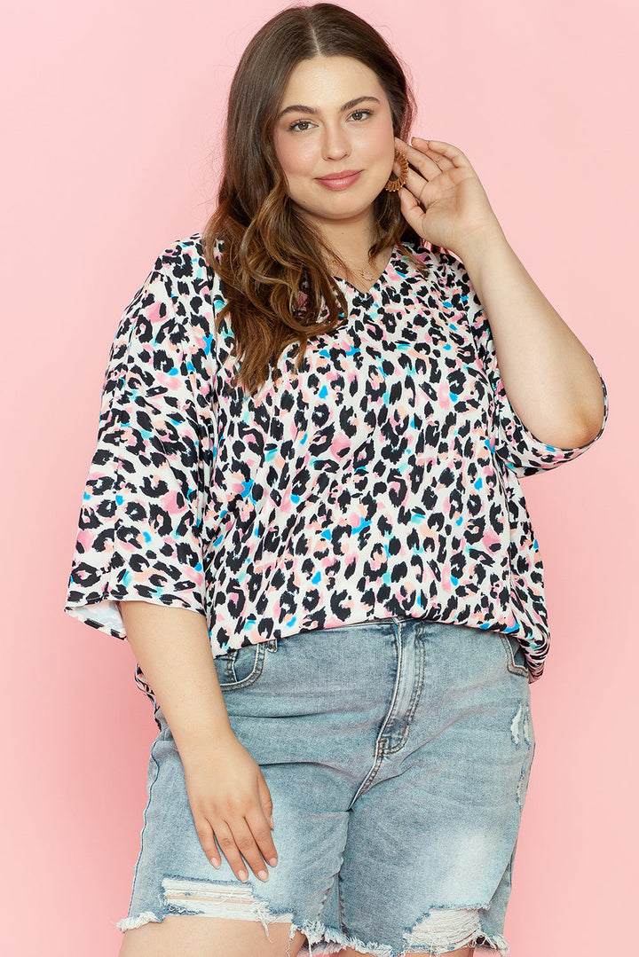 Leopard Print V Neck Batwing Sleeve Plus Size Top