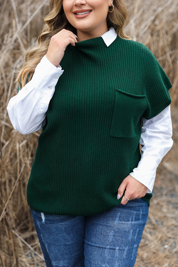 Plus Size Mock Neck Chest Pocket Short Sleeve Sweater