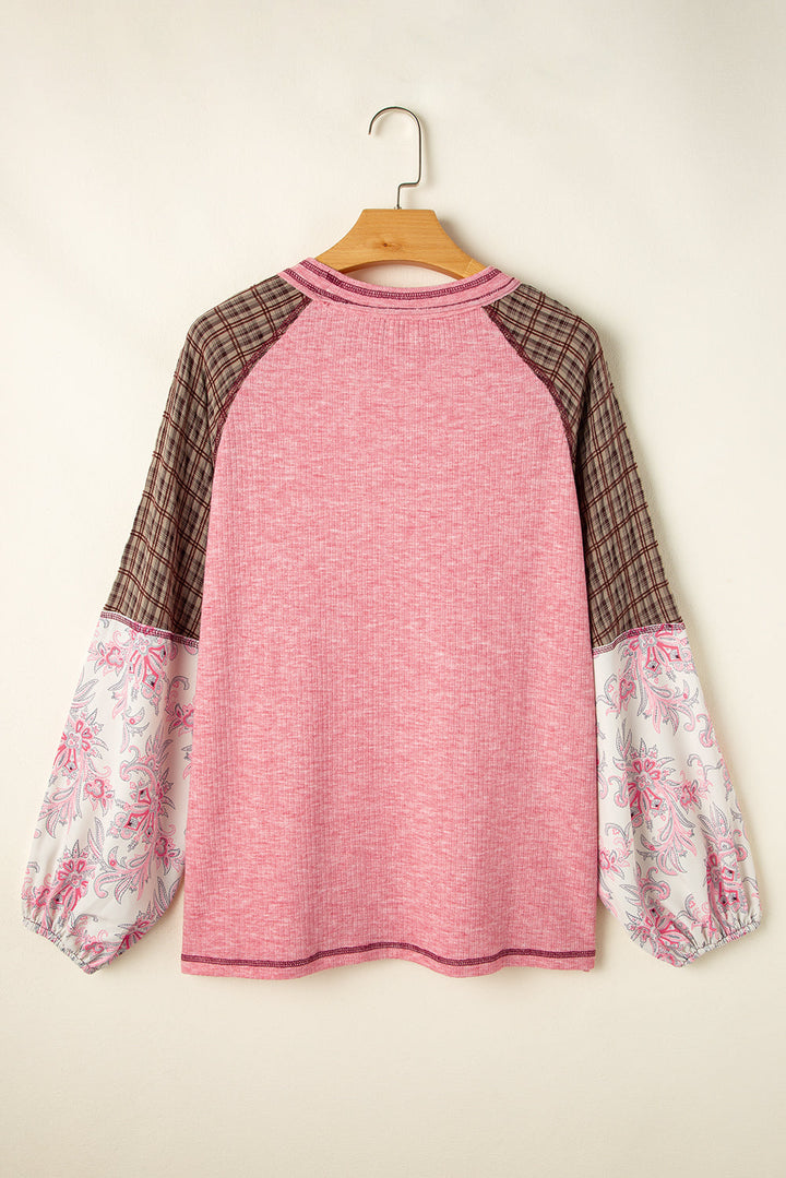 Mixed Print Raglan Sleeve Ribbed Knit Patchwork Blouse