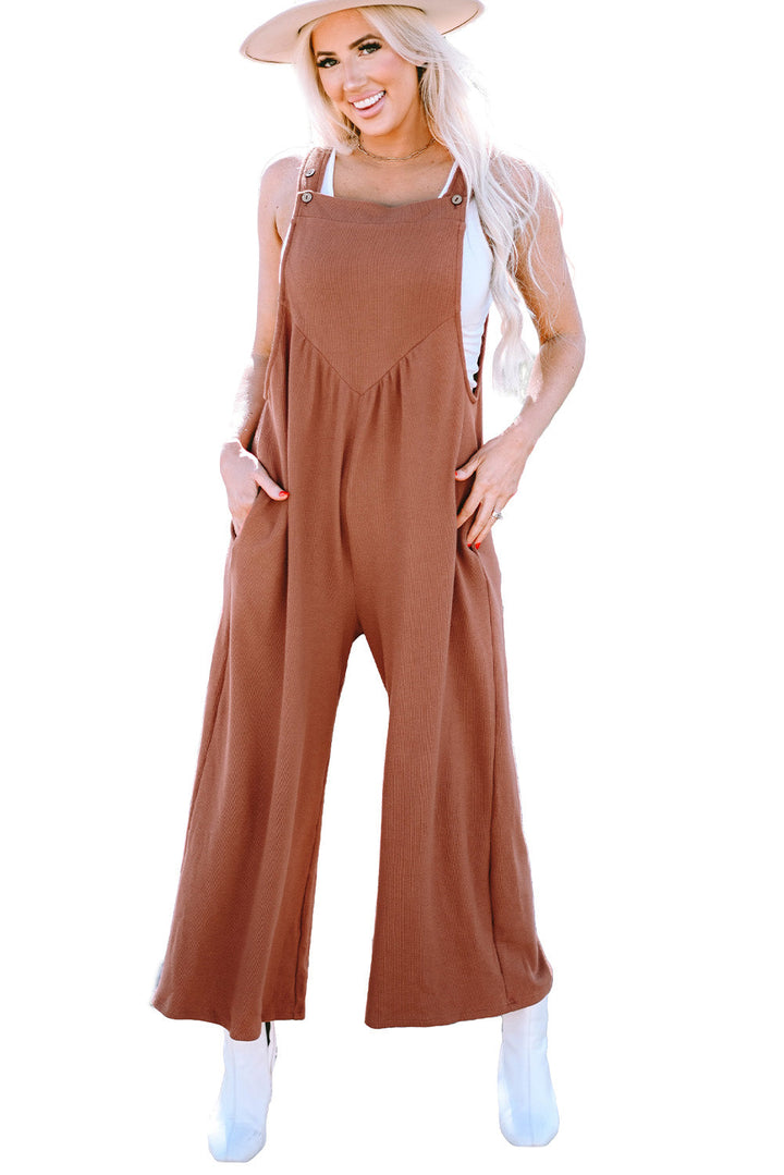 Textured Buttoned Straps Ruched Wide Leg Jumpsuit