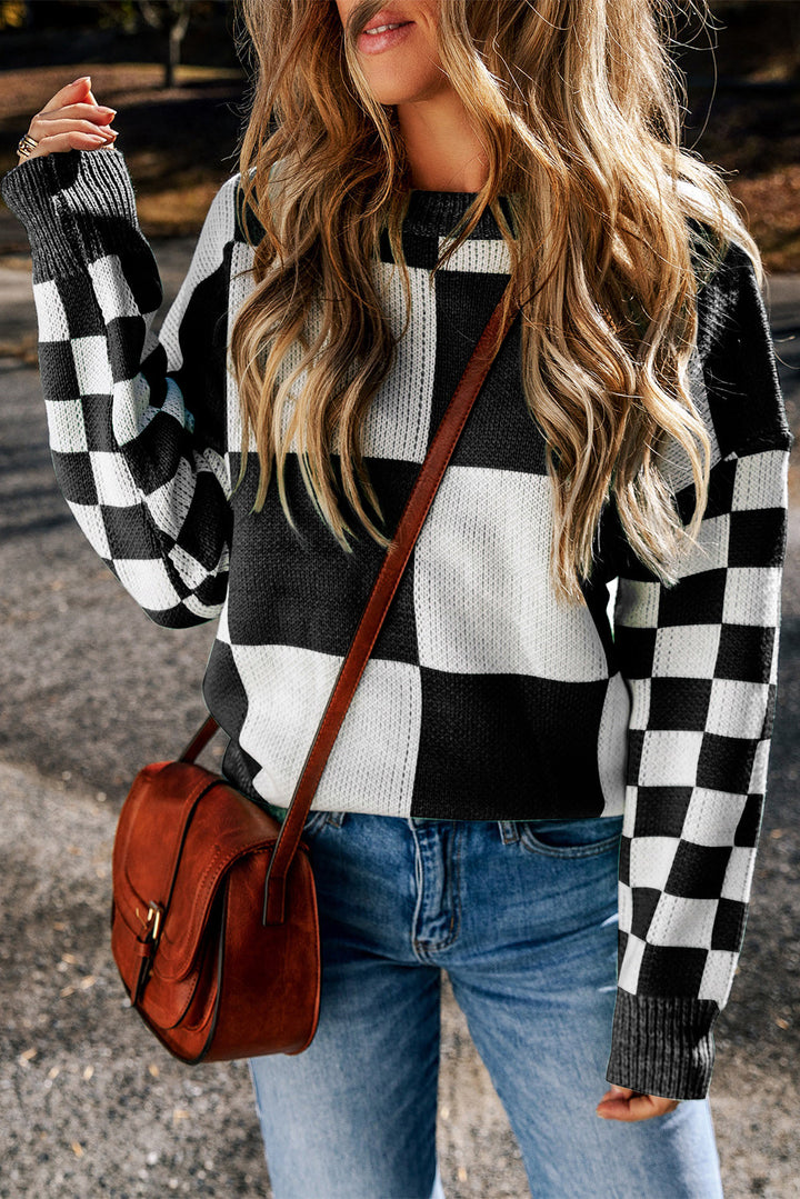 Checkered Print Drop Shoulder Sweater