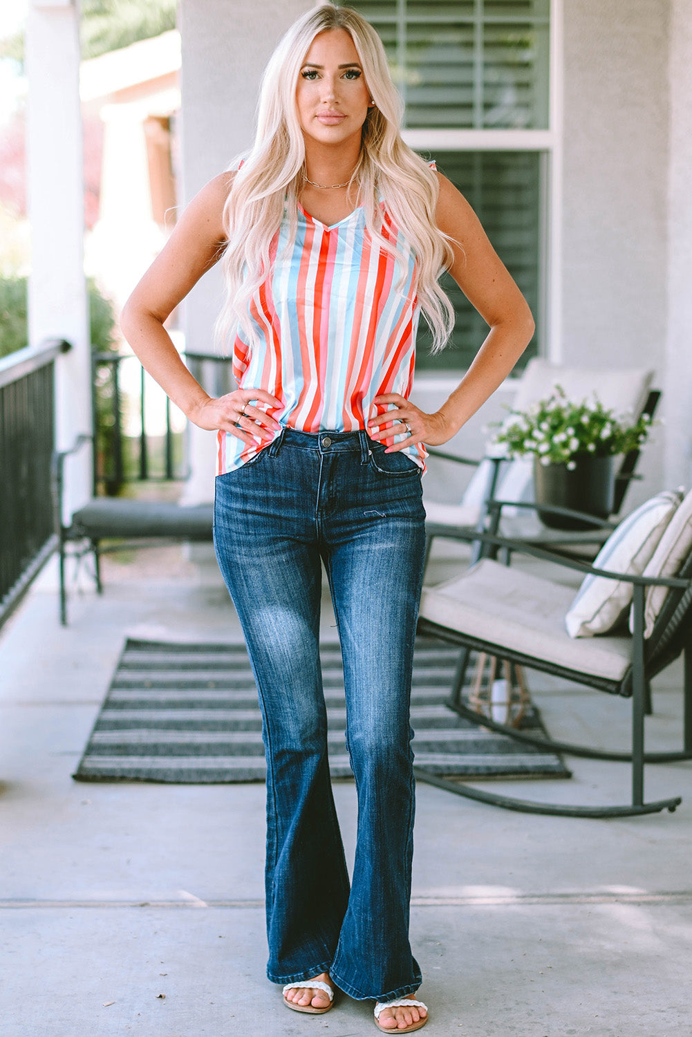 Striped V Neck Ruffle Straps Tank Top