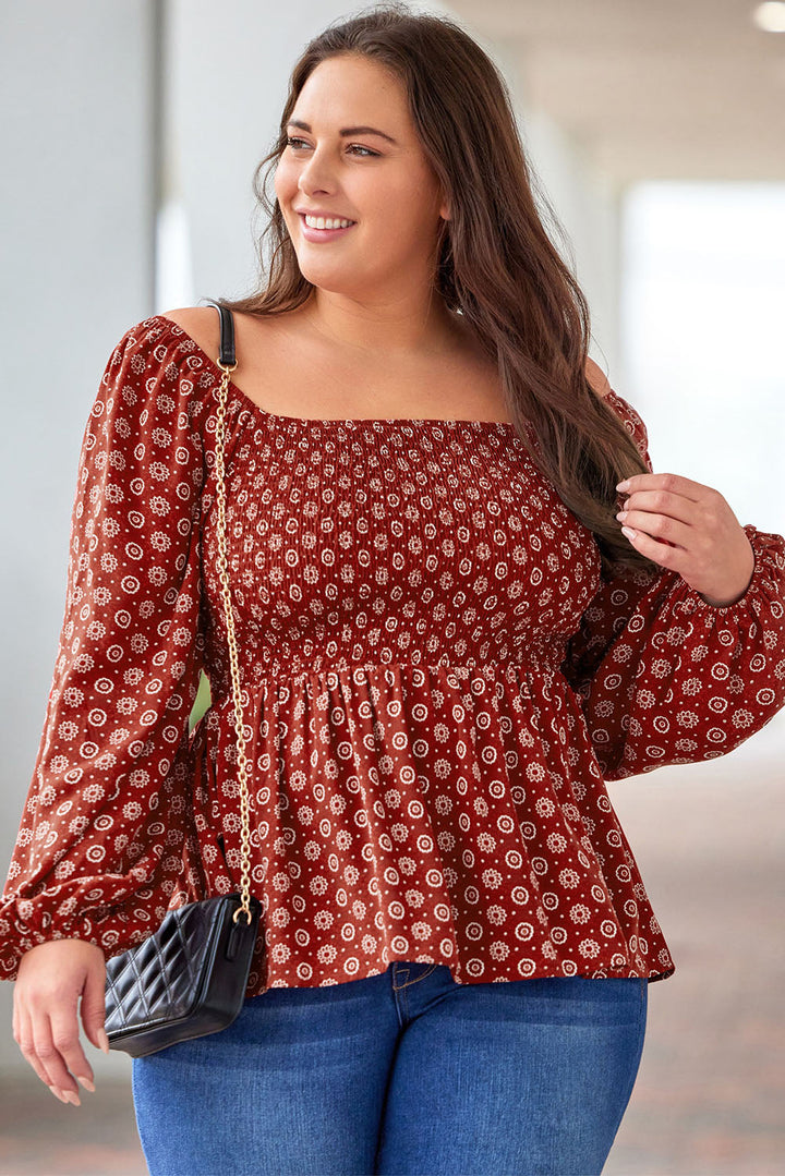 Plus Size Square Neck Printed Peplum Top