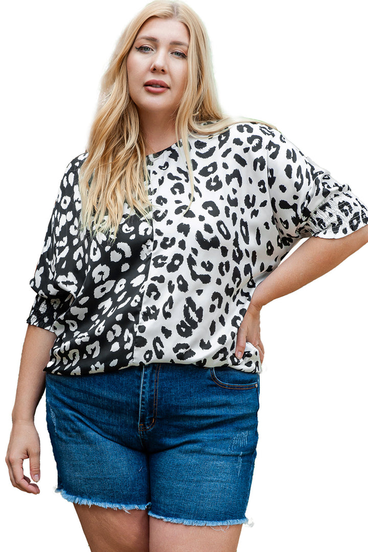 Plus Size Contrast Leopard Half Sleeve Blouse