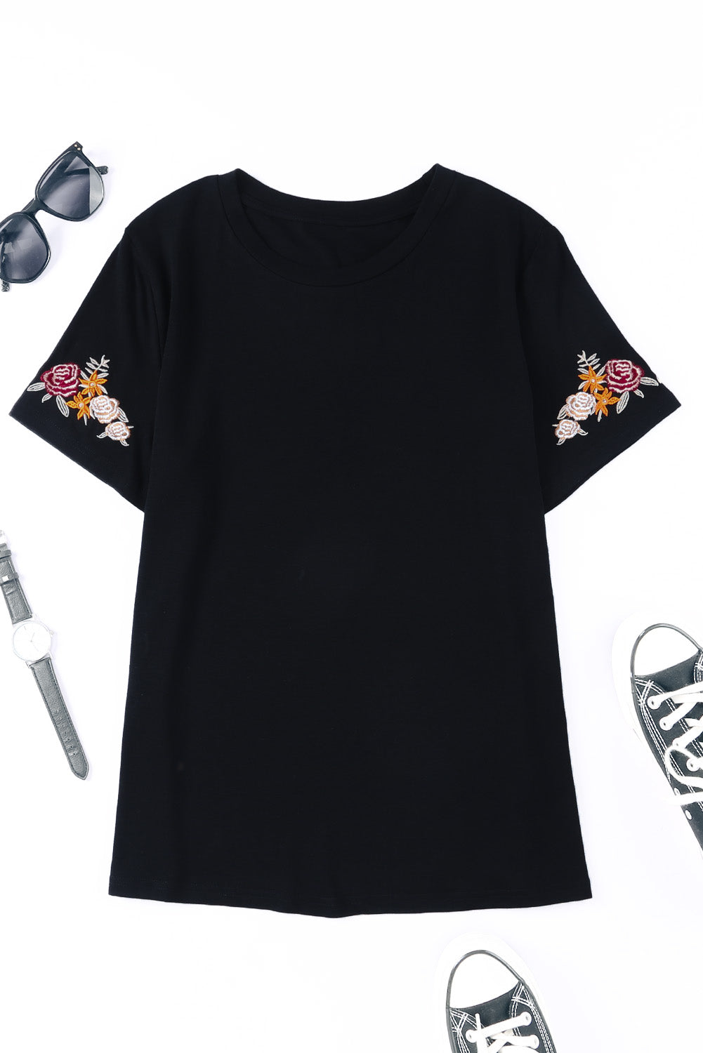 Floral Embroidered Round Neck Short Sleeve T Shirt