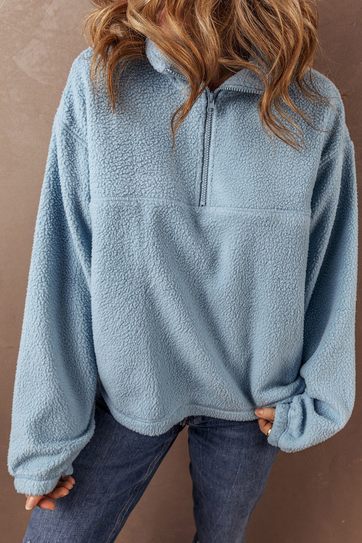 Collared Zipper Drop Shoulder Fleece Sweatshirt