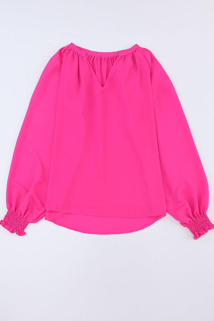 Pleated V Neck Puffy Sleeve Blouse