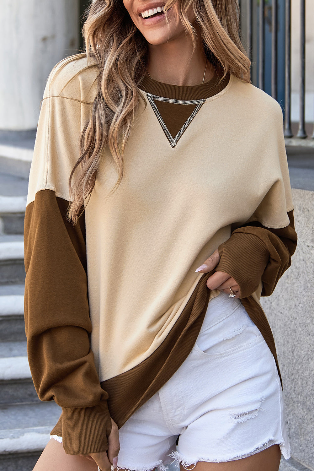 Color Block Thumbhole Sleeve Drop Shoulder Sweatshirt