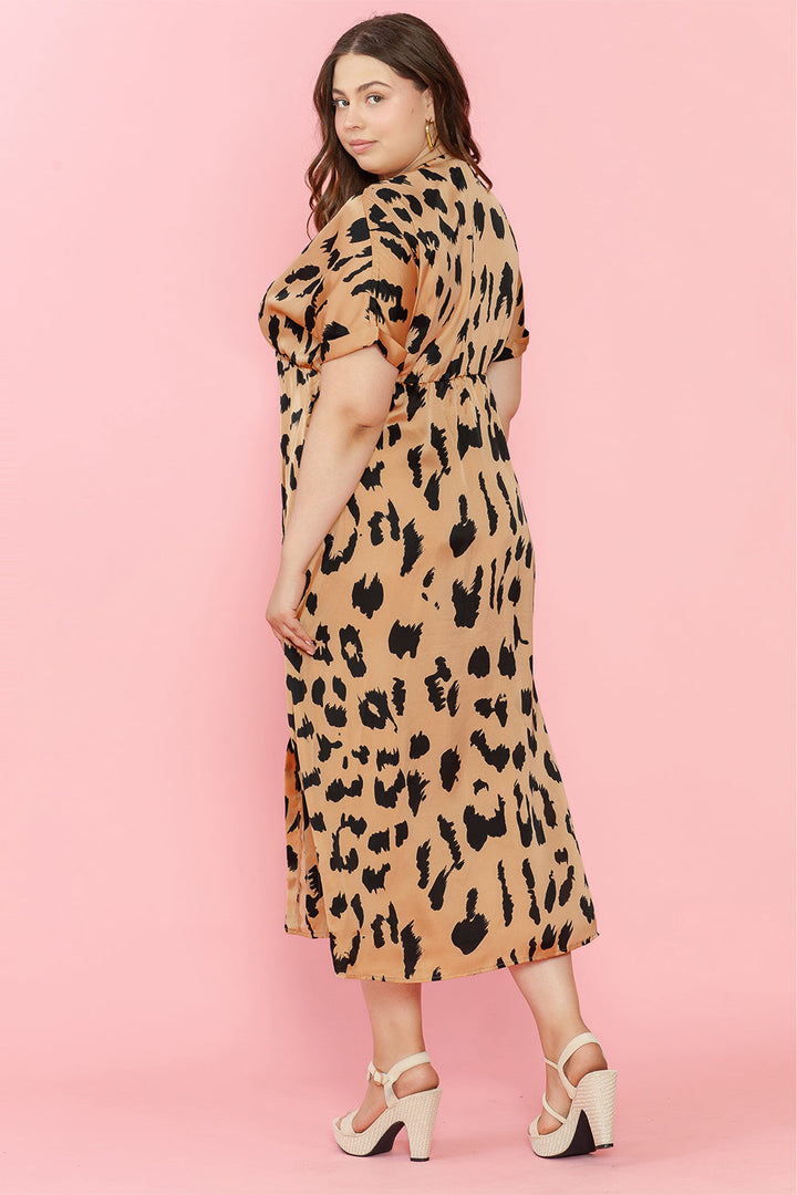 Leopard V Neck High Waist Buttoned Plus Maxi Dress