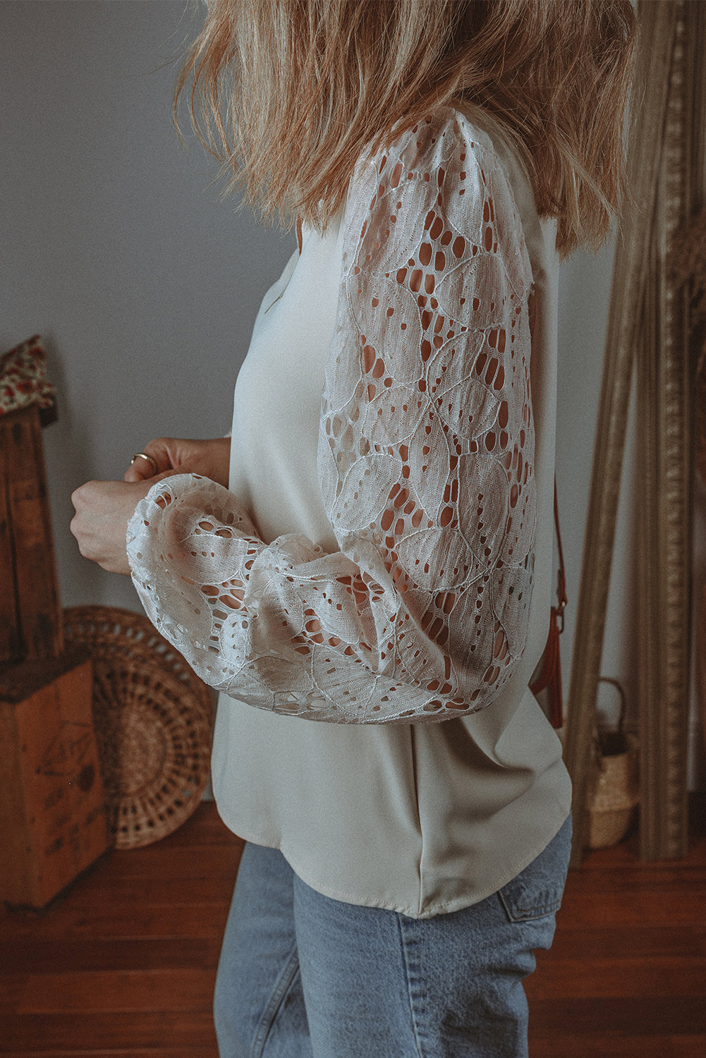 Scalloped V Neckline Lace Hollowed Lantern Sleeve Blouse