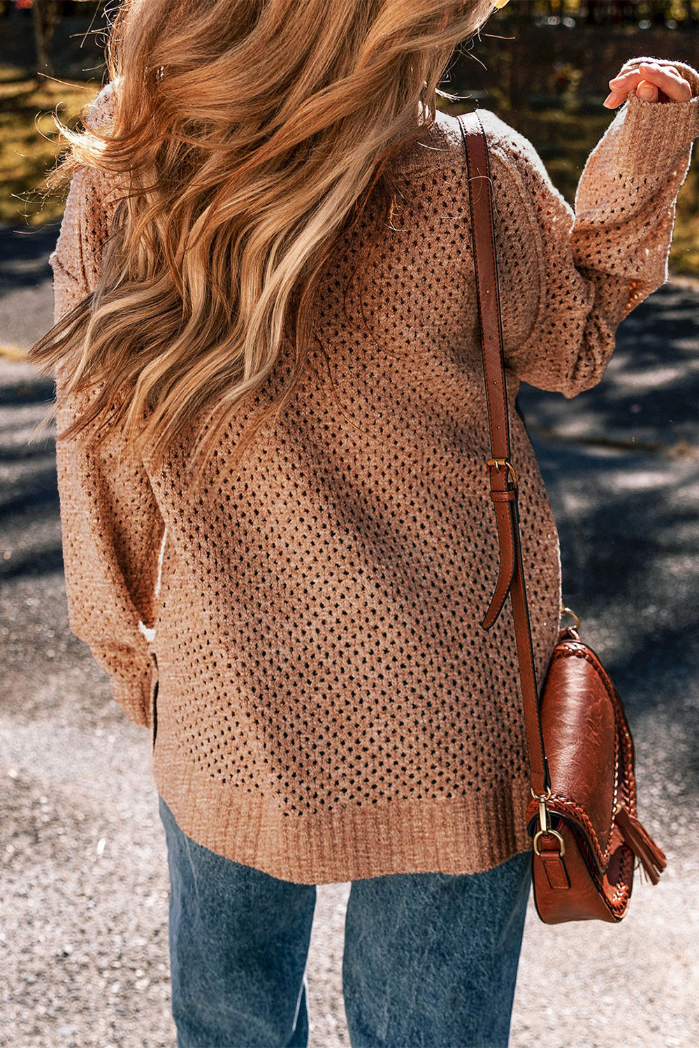 Loose Eyelet V Neck Drop Shoulder Sweater