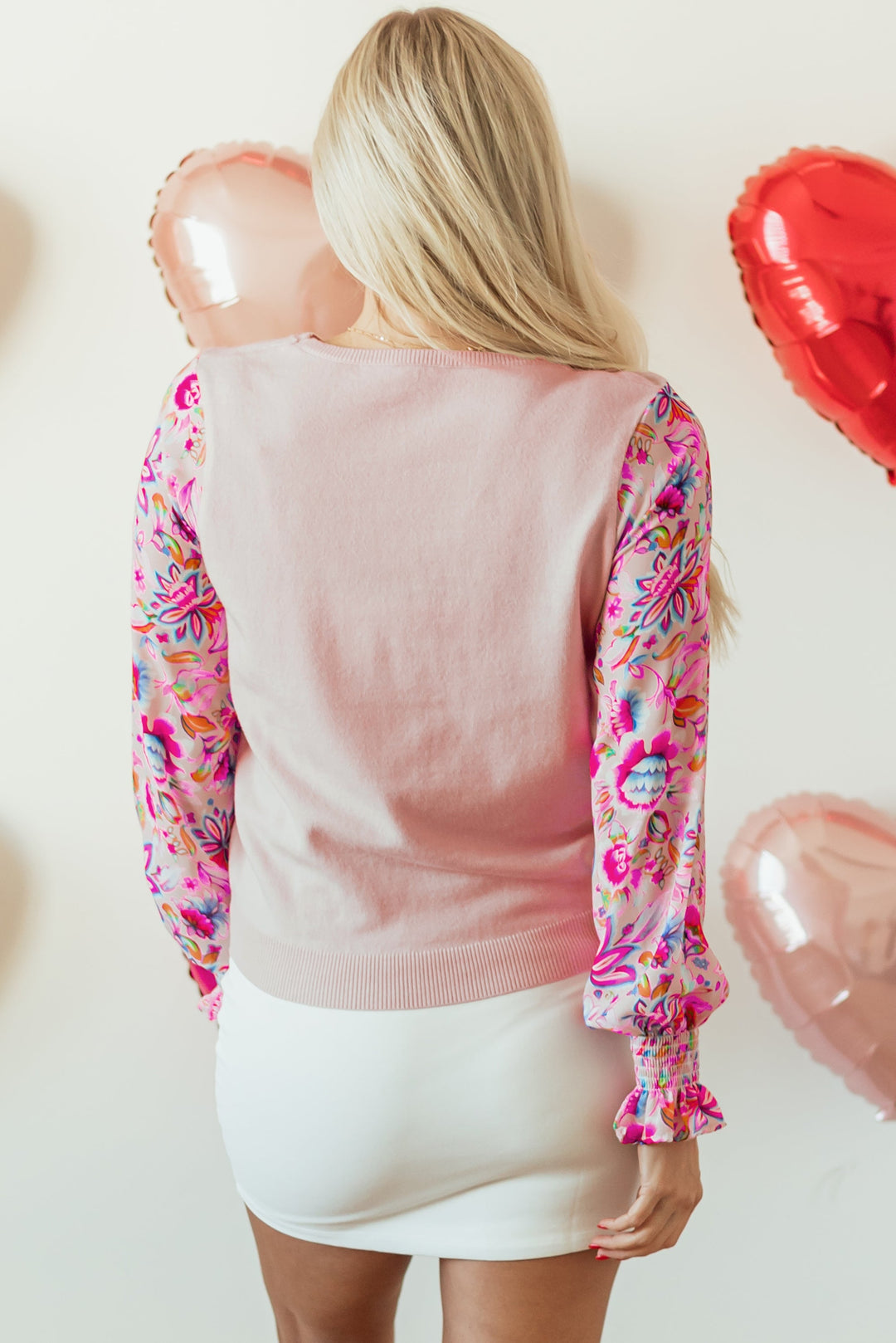 Floral Printed Patchwork Smocked Lantern Sleeve Knit Top