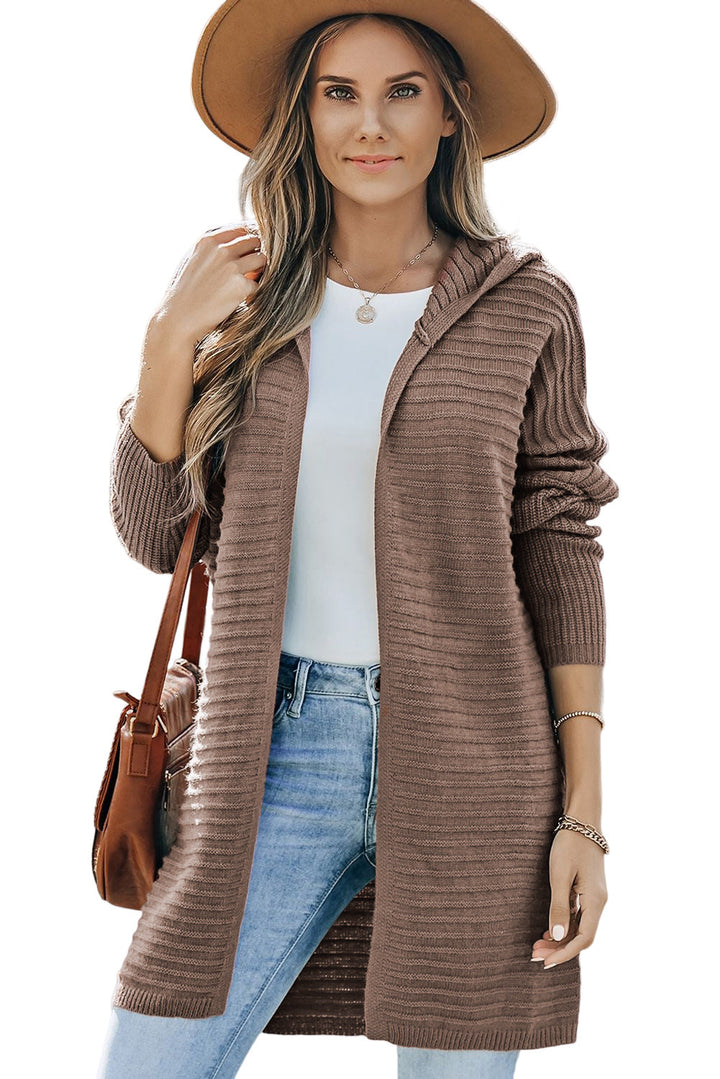 Horizontal Rib Knitted Open Front Hooded Cardigan