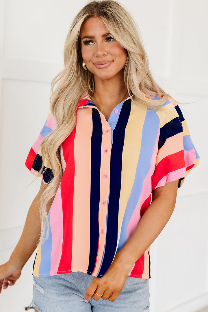 Color Block Striped Puff Sleeve Buttoned Shirt