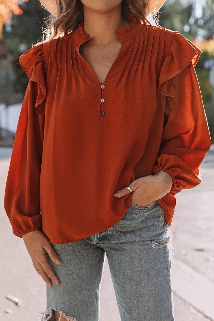 Ruffled Pleated Buttoned V Neck Blouse