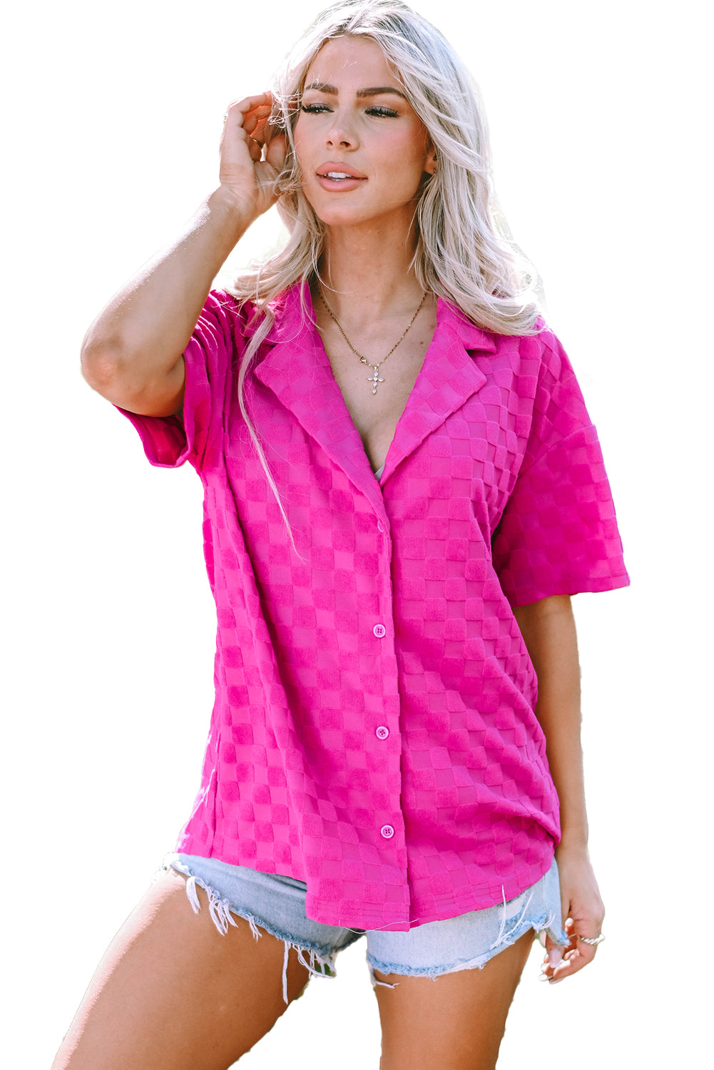 Lapel Neck Checkered Textured Short Sleeve Shirt