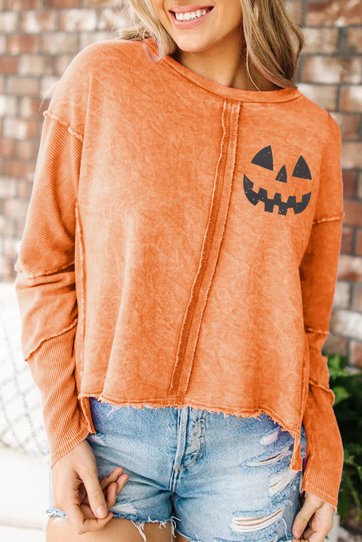 Halloween Pumpkin Face Exposed Seam Patchwork Sweatshirt