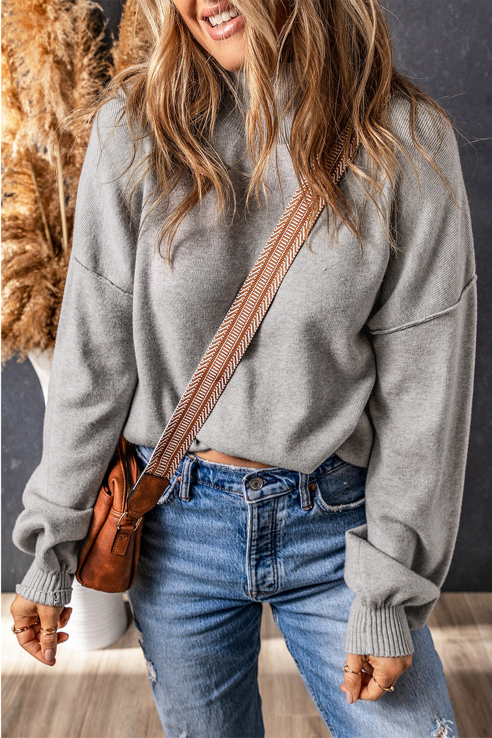 Turtleneck Drop Shoulder Bubble Sleeve Knit Sweater