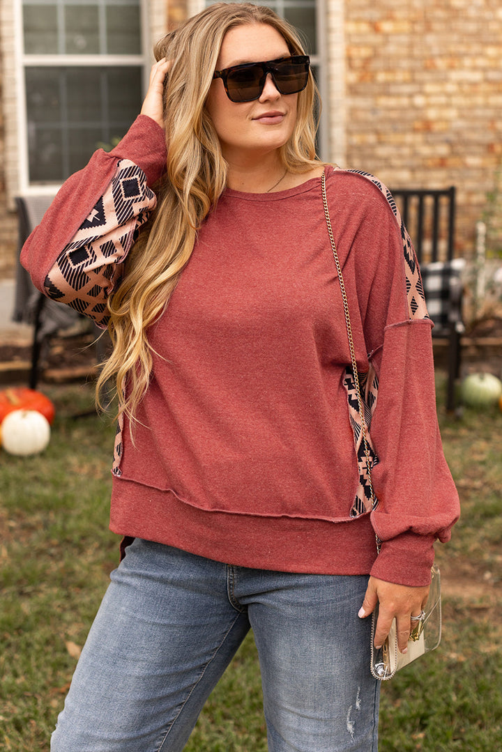 Aztec Patchwork Drop Shoulder Plus Size High Low Sweatshirt