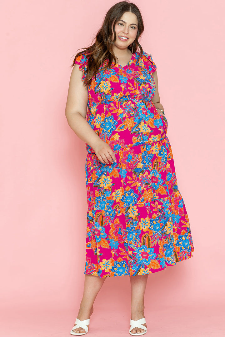 Floral Print Ruffled Sleeveless Plus Size Long Dress