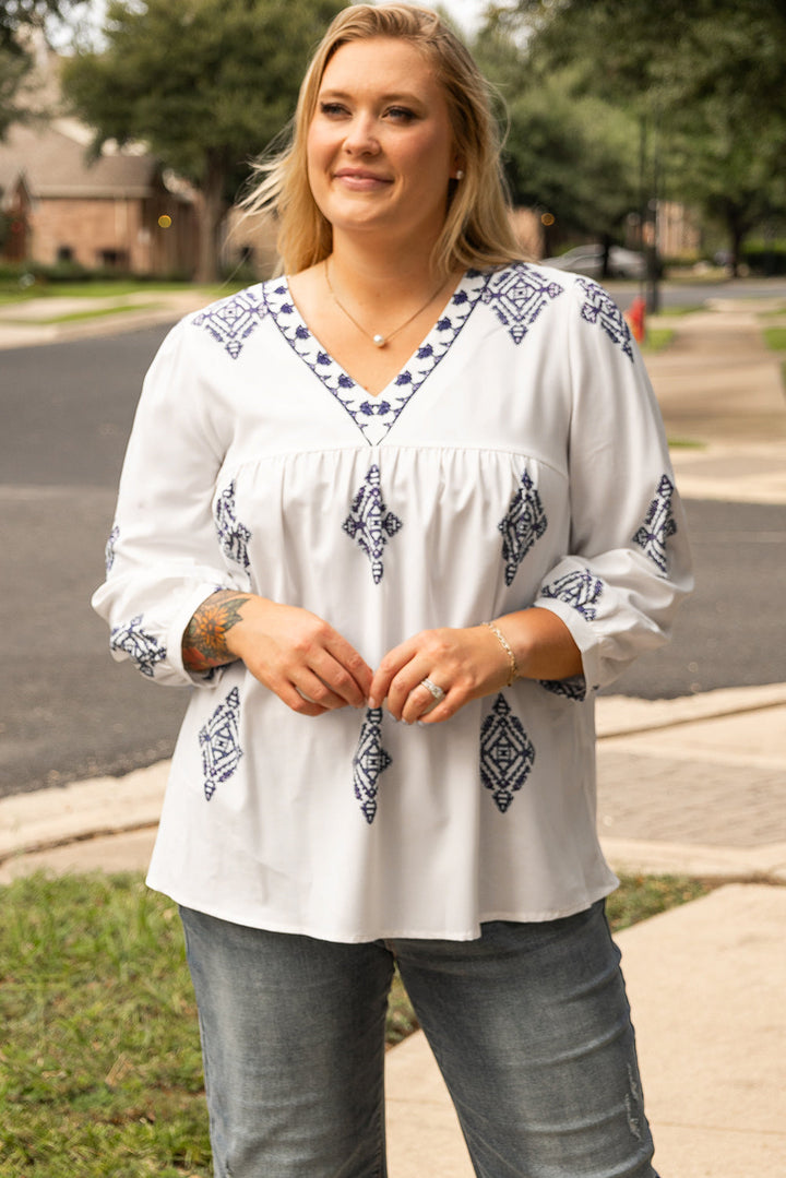 Boho Geometric Print V Neck Bracelet Sleeve Plus Size Blouse