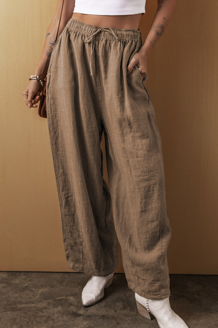 Cotton Linen Drawstring Waist Wide Leg Pants