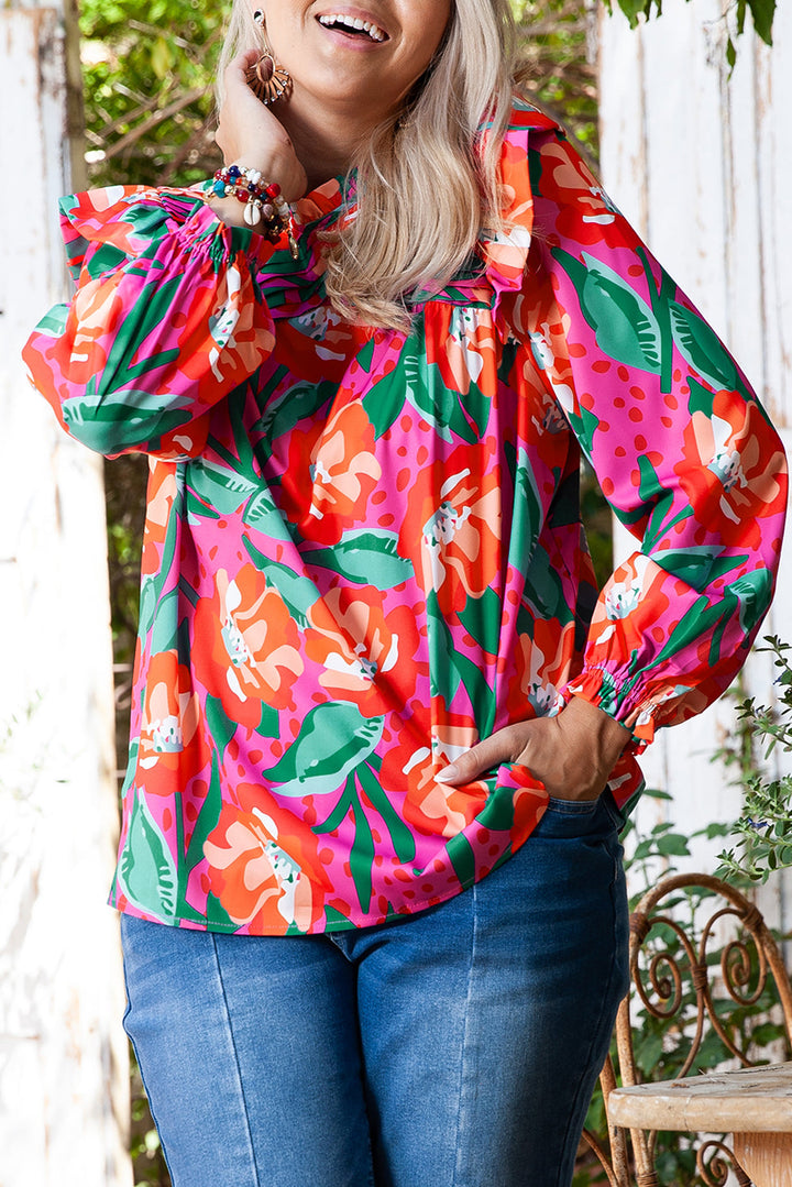 Floral Print Pleated Ruffled O Neck Plus Size Blouse